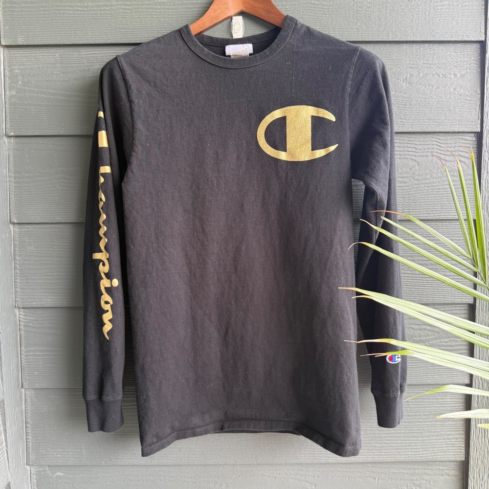 Champion Long Sleeve Logo T Shirt Black Gold Graphic Cotton Size Small